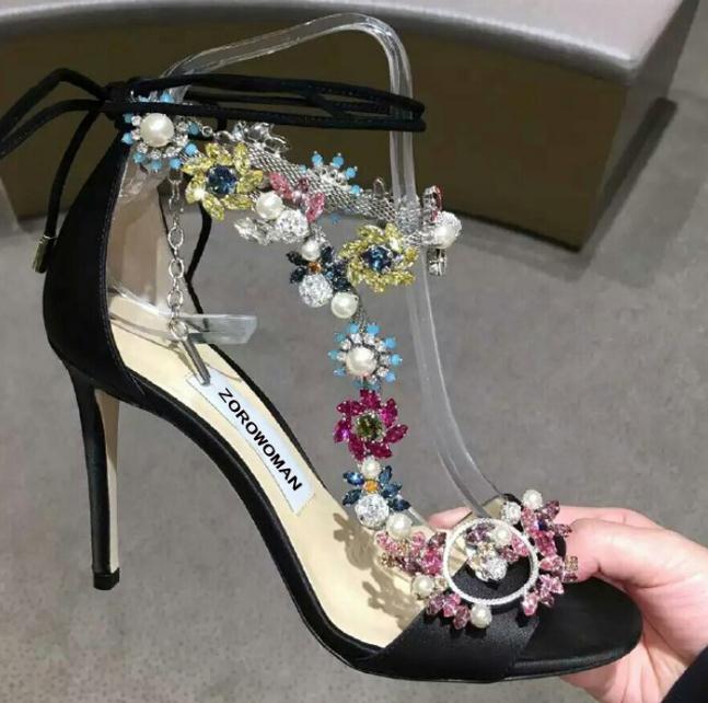 Hot Sale-fashion summer flower Fashionable summer new women's shoes with black high heels and fashion a style of sandals