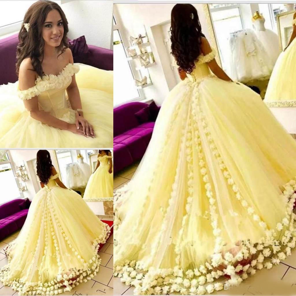 Gorgeous Yellow Quinceanera Dresses Off The Shoulder 3D-Floral Appliques Ball Gowns 2020 New Arrival Sweet 16 Dress Cheap Prom Dresses