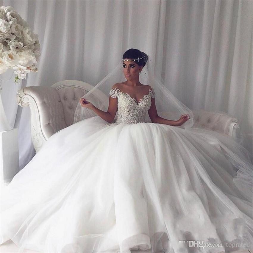 Vintage Ball Newest Gown Wedding Cap Sleeve Lace Appliques Beaded Tulle Bridal Gowns Plus Size Bride Dresses Custom Made s