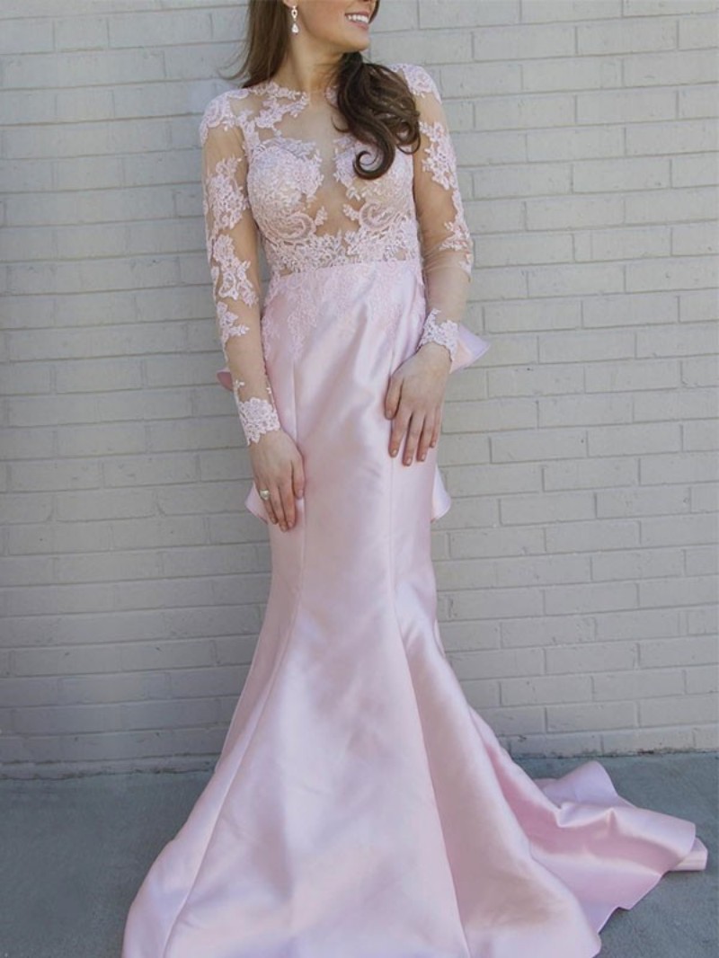 Pink Long Sleeve Satin Mermaid Prom Dresses 2019 Vintage Lace Appliqued Party Dress Tiered Ruffles Back Evening Gowns Wear