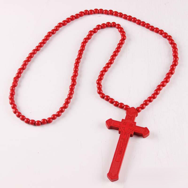 New Wooden Cross Pendant Necklaces Christian religious Wood crucifix Charm beaded chains For women Men Fashion Jewelry Gift