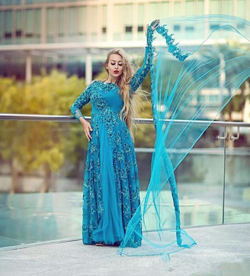 2020 Turquoise Long Sleeve Bridal Evening Dresses Sparkly Beading Tulle Lace Crew Neck Plus Size Mother of the Bride Dress Arabic Prom Gowns