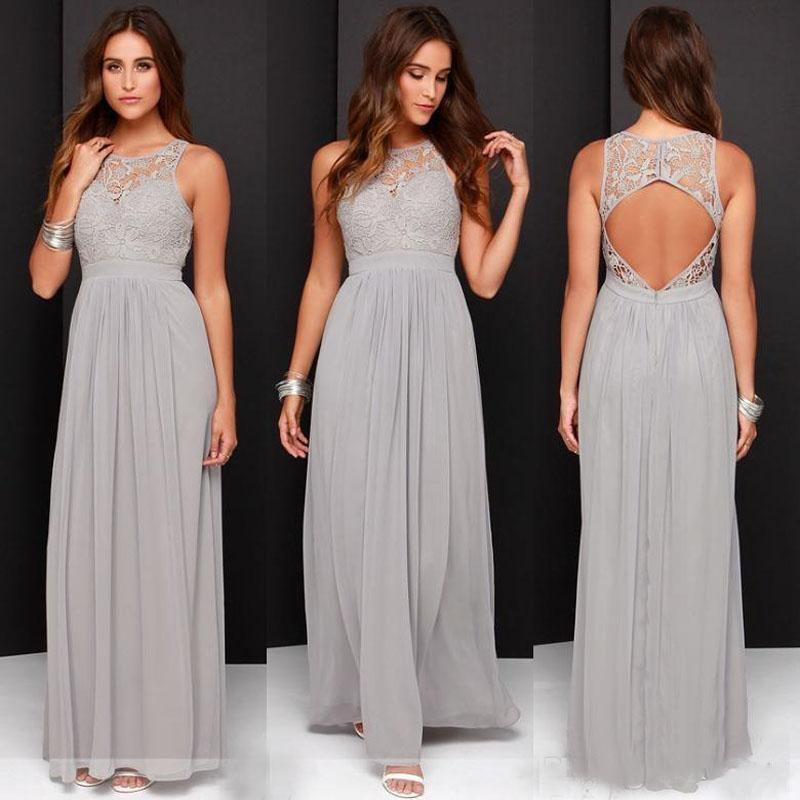 2019 New Hot Sale Elegant Light Grey Long Lace Chiffon Bridesmaid Dresses Open Back Wedding Party Dresses vestido de festa de casamento