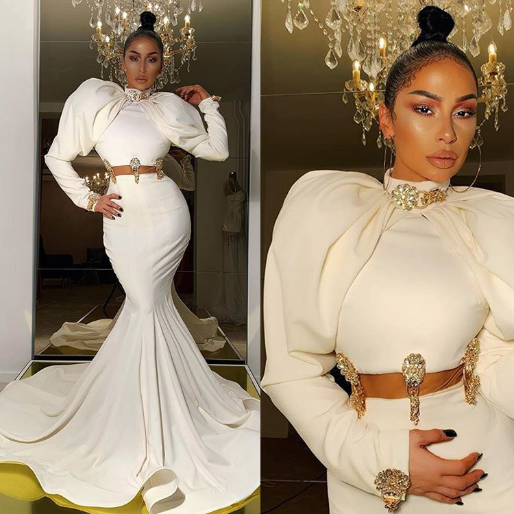 High Collar Mermaid Prom Dresses Crystal Long Sleeve Slim Evening Dress Unique Design Sweep Train Party Gowns