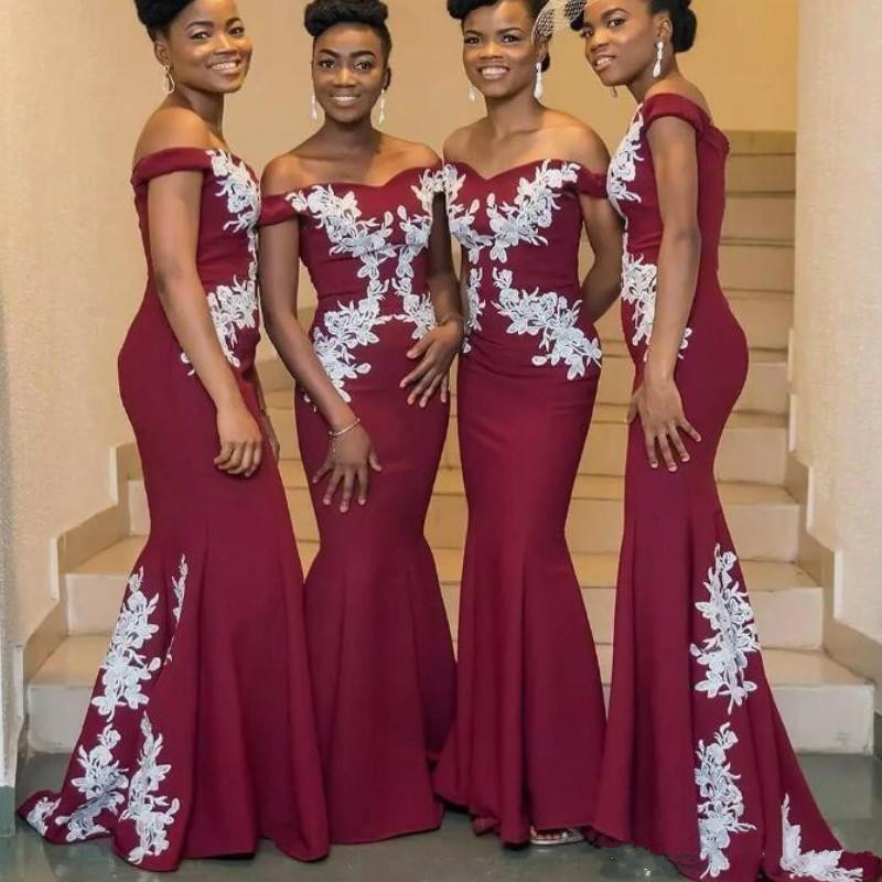 Gorgeous Burgundy Mermaid Bridesmaid Dresses White Lace Appliqued Off the Shoulder Maid Of Honor Dresses Sexy Nigerian Party Dresses