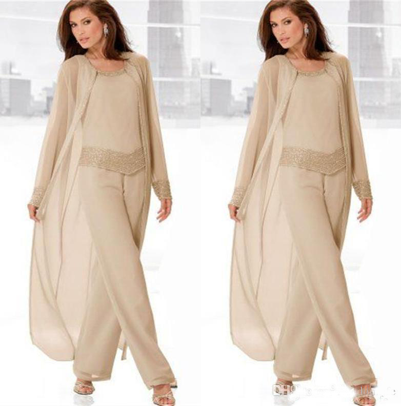 Champagne Three Pieces Mother of the Bride Suits with Jackets Long Sleeve Beaded Chiffon Formal Plus Size Women Dress Evening Wear