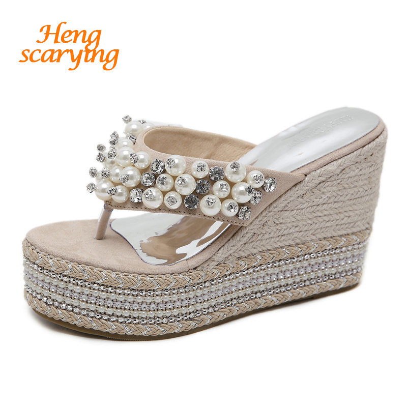 2019 Summer Women Crystal 10.5cm High Heels 4cm Platform Wedges Sandals Flip Flop Slides Female Pearl Slippers Beach Dress Shoes, Black
2019 Summer Women Crystal 10.5cm High Heels 4cm Platform Wedges Sandals Flip Flop Slides Female Pearl Slippers Beach Dress Shoes, Black