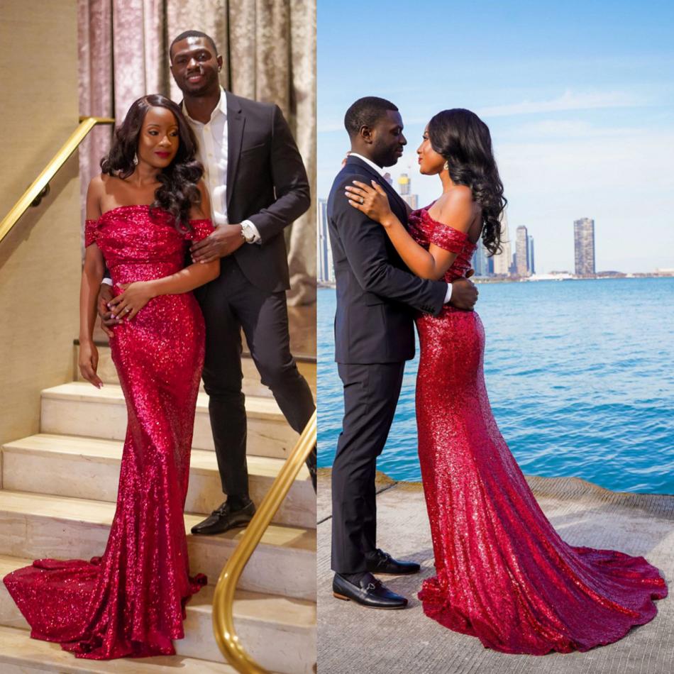 Sexy African Mermaid Prom Dresses Off Shoulder Sequined Formal Evening Gowns Backless Pageant Party Dress Cheap