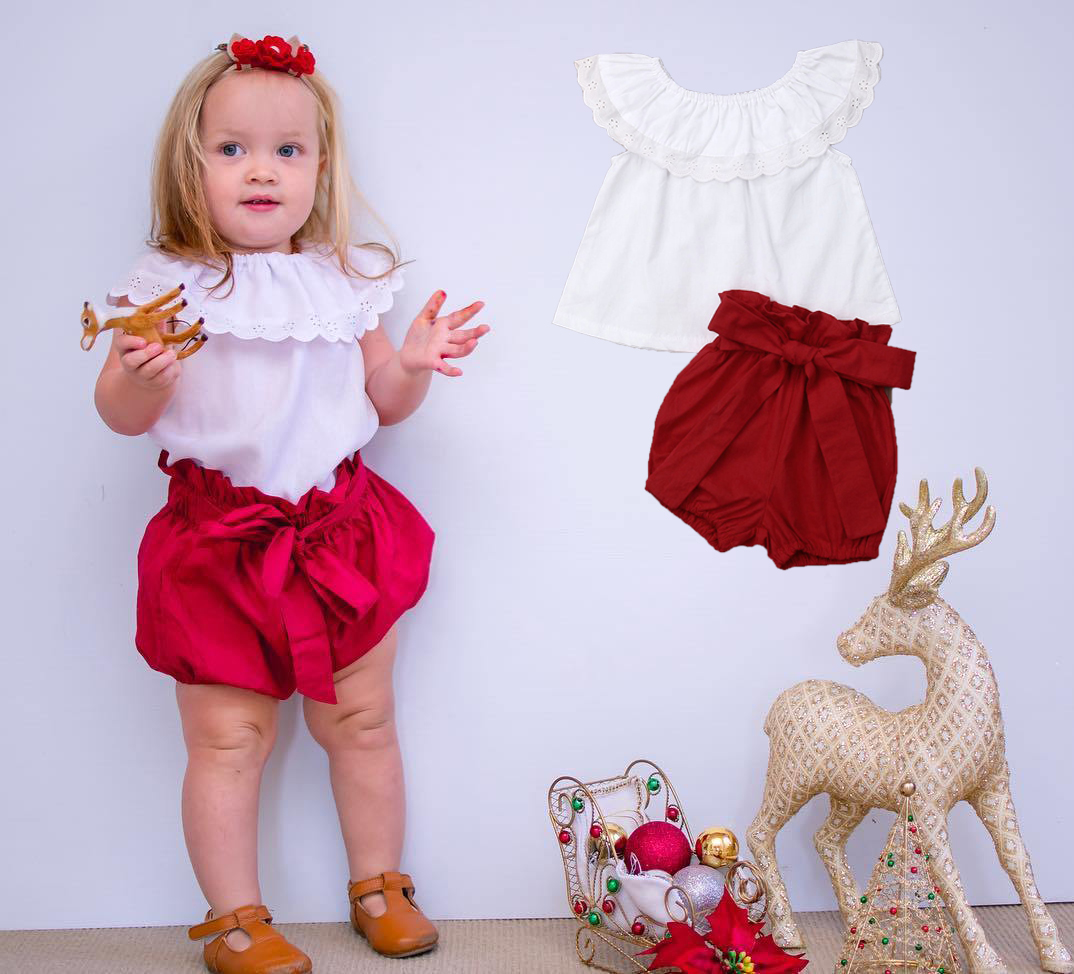 Kids Girls Summer Clothes Set Casual Toddler Baby Girl Ruffles Collar White Lace Tops T-shirt+Bow Red Shorts Summer Outfits 1-6Y
Kids Girls Summer Clothes Set Casual Toddler Baby Girl Ruffles Collar White Lace Tops T-shirt+Bow Red Shorts Summer Outfits 1-6Y