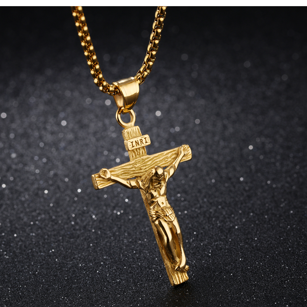 High Quality Jesus Cross Pendant Necklace Gold/Black Gun Plated Stainless Steel Fashion Religious Jewelry for Women Men Faith Necklace