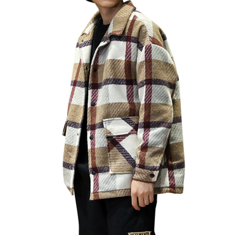 Man autumn and winter woolen Jacket Loose Wool overcoat Plaid wool coat, Khaki