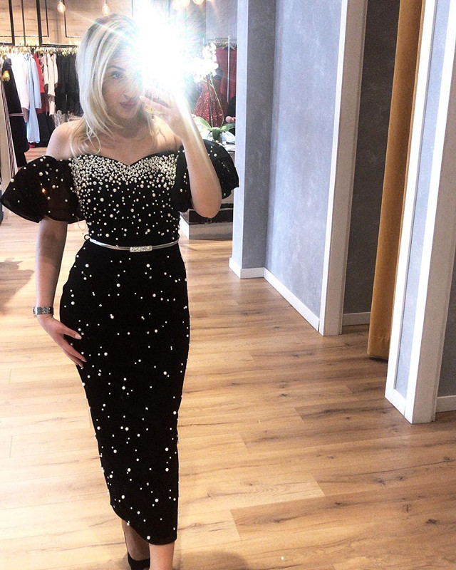 Elegant Black Long Evening Dresses Off Shoulder Short Sleeves Beaded Pearls Prom Dresses Cocktail Party Dresses Evening Gowns, Champagne 
Elegant Black Long Evening Dresses Off Shoulder Short Sleeves Beaded Pearls Prom Dresses Cocktail Party Dresses Evening Gowns, Champagne