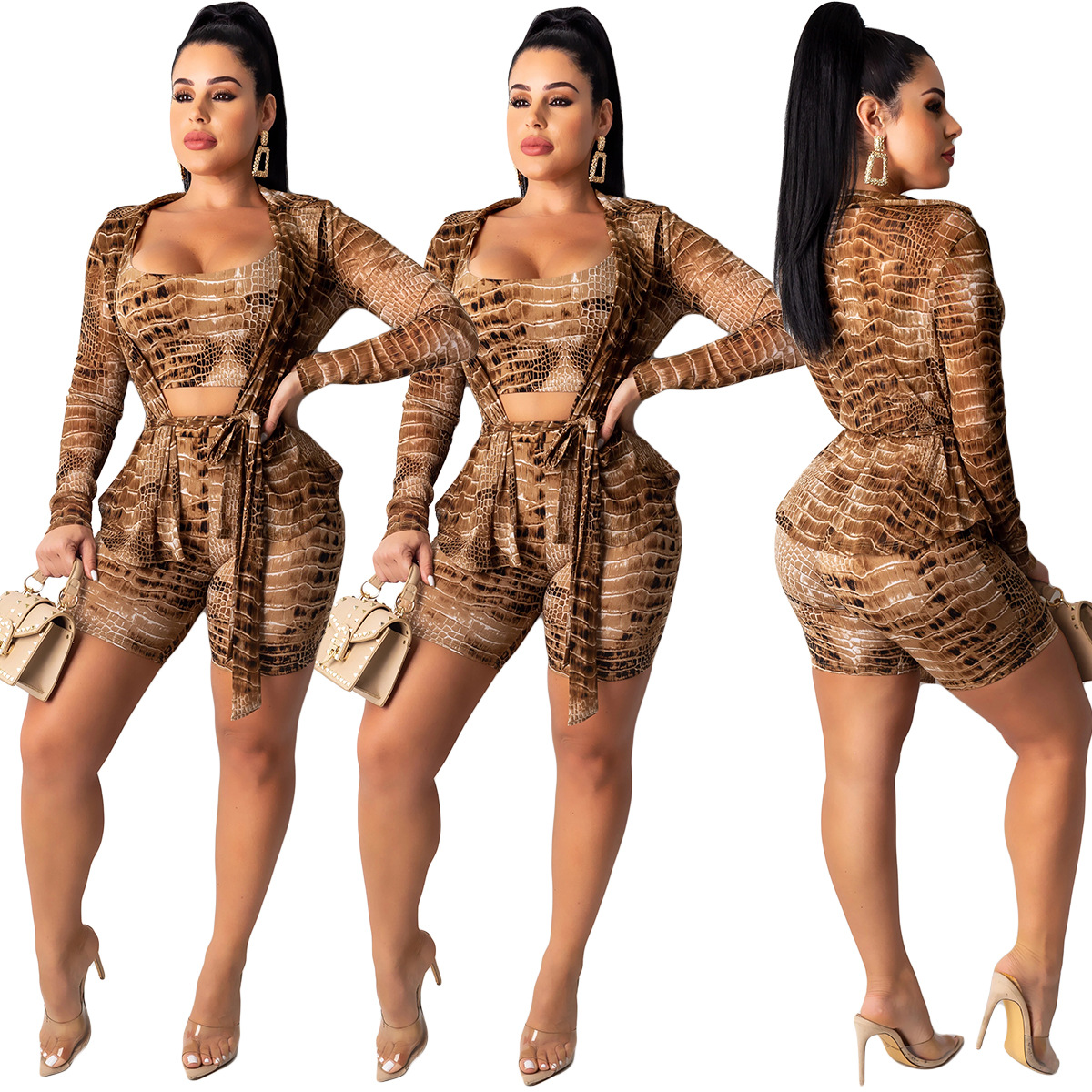 Fashion Women Snake Skin Printing Three Pieces Outfits Sexy Female Cropped Tank Long Sleeves Cardigan with Sash + Shorts Nightclub Party, Gray
Fashion Women Snake Skin Printing Three Pieces Outfits Sexy Female Cropped Tank Long Sleeves Cardigan with Sash + Shorts Nightclub Party, Gray