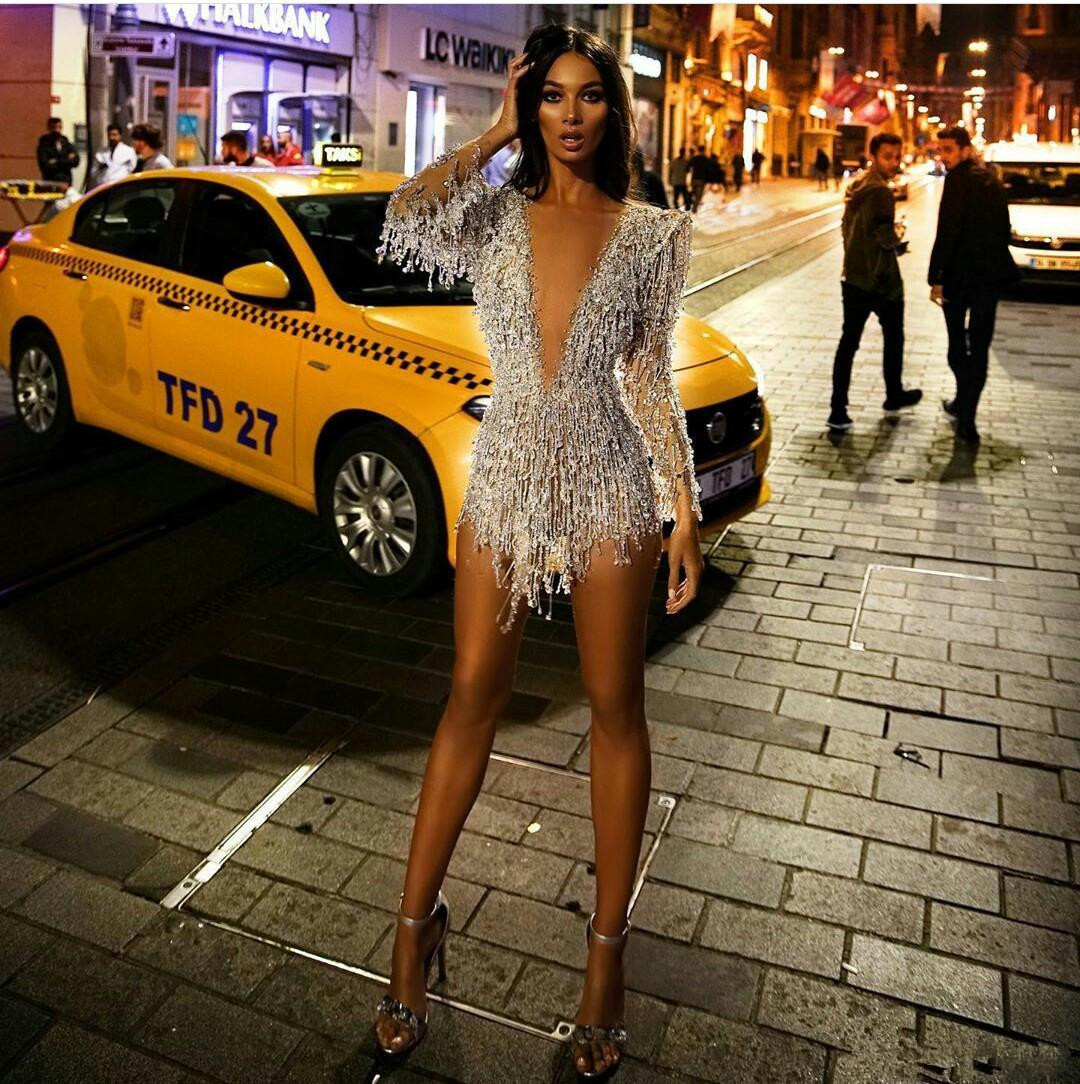 Berta Long Sleeve Cocktail Dresses Sexy Short Deep V Neck Crystal Beads Prom Dress See Through Sexy Mini Evening Gowns