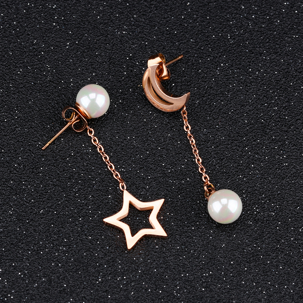 Charm Star and Moon Drop Earrings Jewelry Stainless Steel 14K Gold Plated White Pearl Setting Earrings Women Girl's Gift