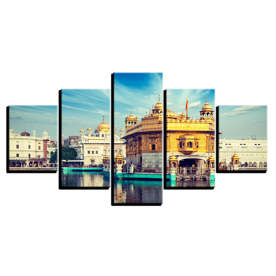 Canvas Posters Living Room HD Prints Pictures Home Decor 5 Pieces Blue Sky Golden Temple Landscape Paintings Wall Art No Frame
