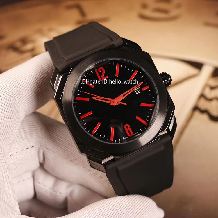 New Octo 41mm PVD Black Steel Case Date 102738 BGO41C9BSVD Red Black Dial 2315# Swiss Quartz Movement Mens Watch Rubber Watches Hello_watch