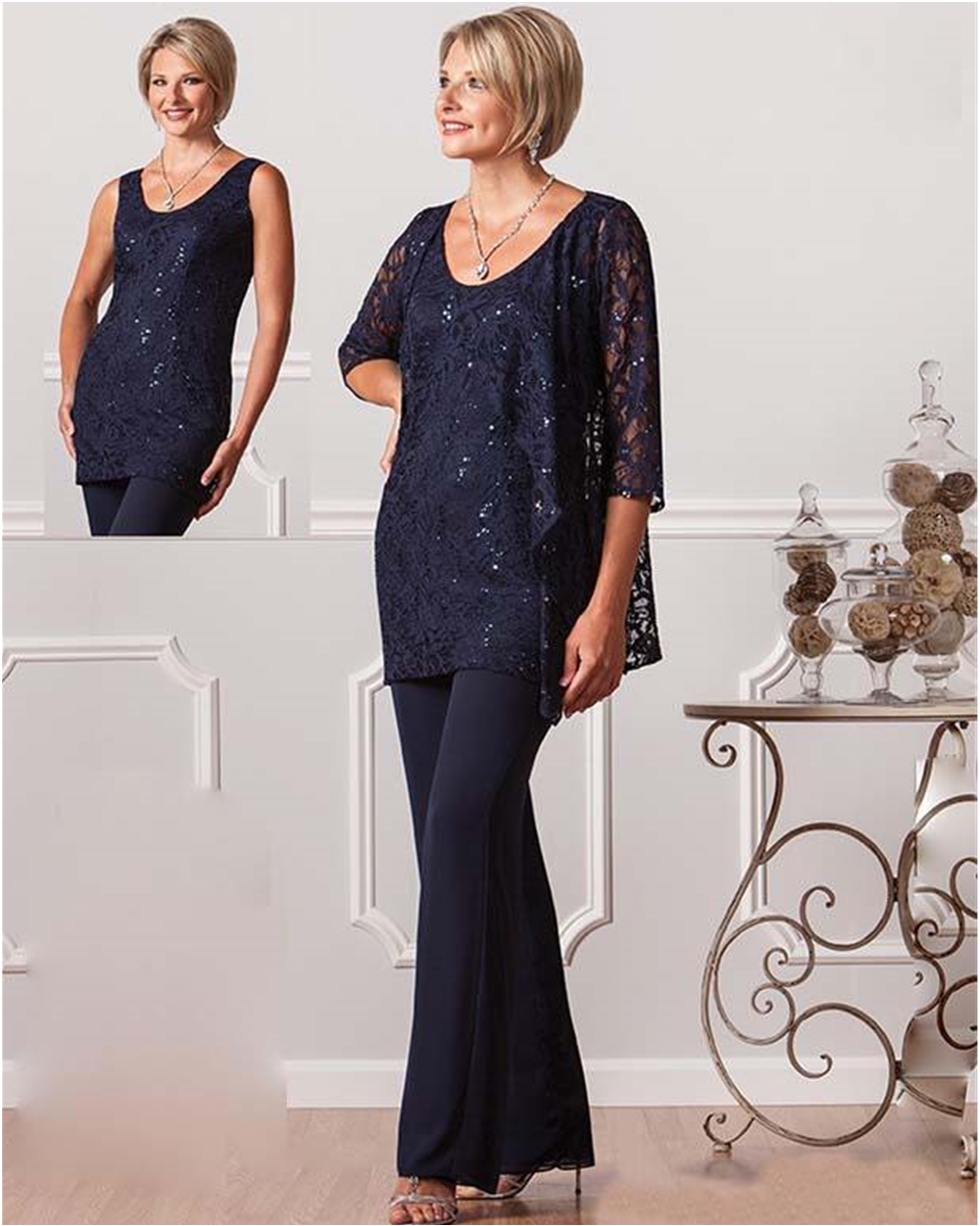 Navy Blue Lace Pants Suits For Mother Of The Bride Scoop Neckline Sequined Ursula Dresses Party Evening For Wedding Mothers Guest Dress