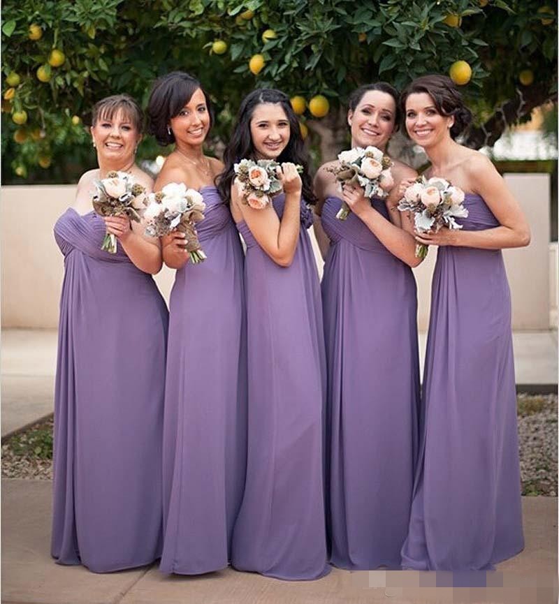 Cheap Lavender Bridesmaid Dress Ruched Pleats Sweetheart Necke Strapless Chiffon Beach Wedding Maid Of Honor Gown Party Formal Wear