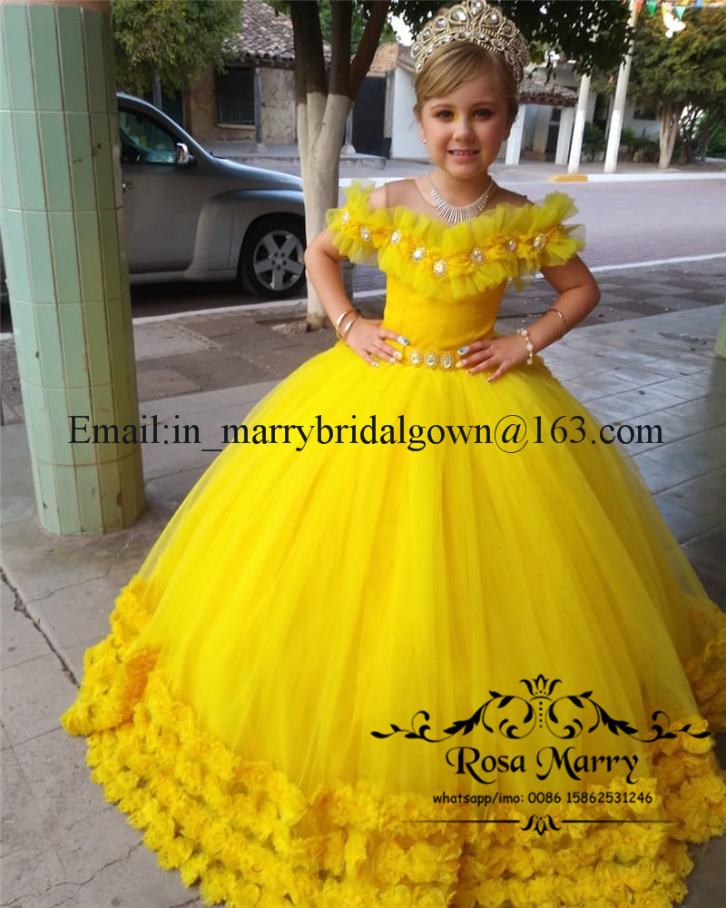Princess Yellow 3D Floral Girls Pageant Dresses 2020 Ball Gown Crystals Off Shoulder Girls Birthday Prom Party Gowns For Toddlers Kids