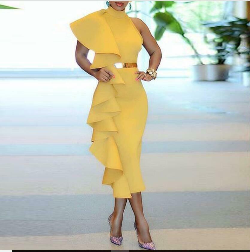 Yellow Prom Dresses Tiered High Neck Evening Dress Sleeveless Tea Length Party Red Carpet Runway Fashion Gowns