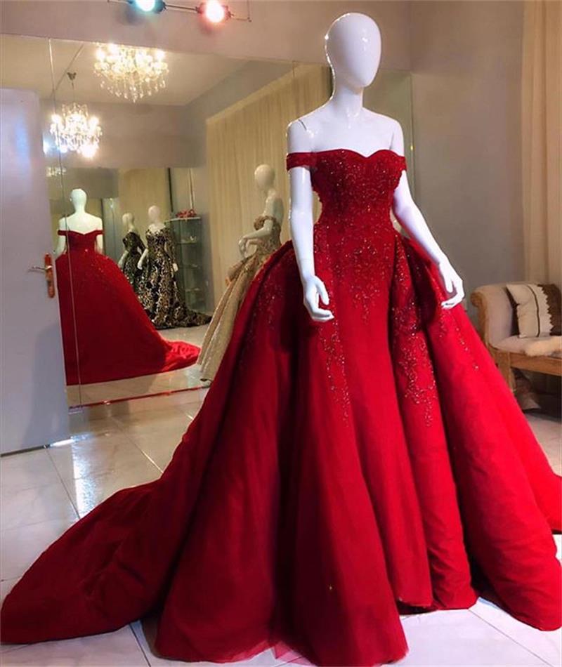Luxury Red Mermaid Prom Dresses With Detachable Train Lace Beaded Off The Shoulder Evening Dress Abendkleider Formal Party Gowns Vestidos De