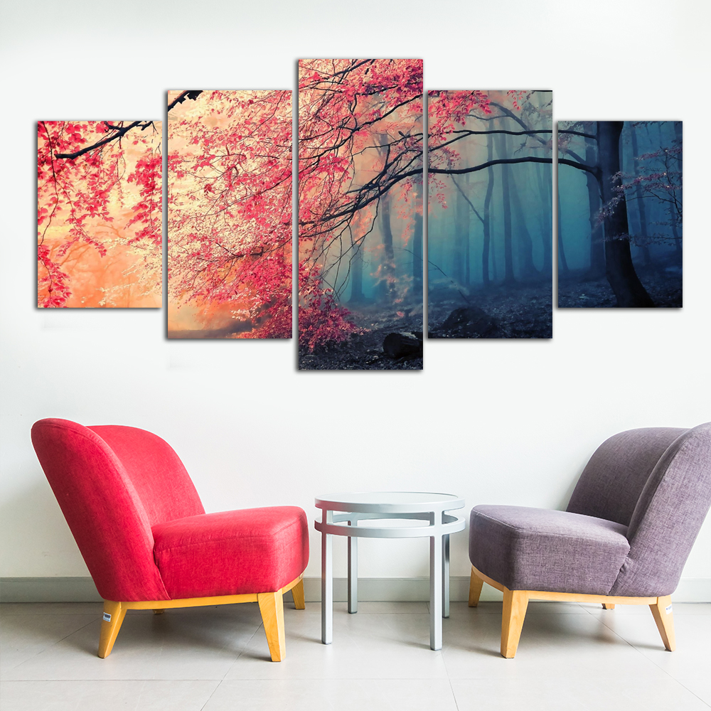 Poster HD Prints Modern Wall Art Canvas For Living Room 5 Pieces Cherry Blossoms Pictures Decor Red Trees Forest Painting