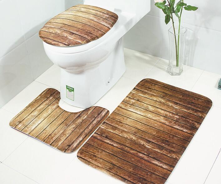 3D Wood Printed Toilet Cover Set Shower Bath Rugs Lid Toilet Cover + Toilet Mat Non Slip Water Absorption Rug