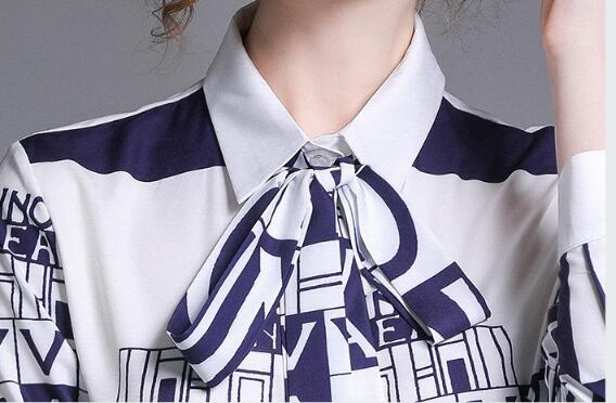 New Fashion Vintage Letter Print OL Women's Blouses Ladies Casual Office Button Front Bow Tie Neck Long Sleeve Shirts Tops