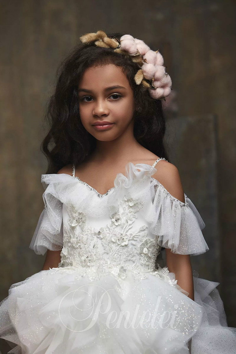 Dreamly A Line Flower Girl Spaghetti Short Sleeve Backless Lace Applique Sequin Tiered Pageant Dress Floor Length Girl's Birthday Part 0508