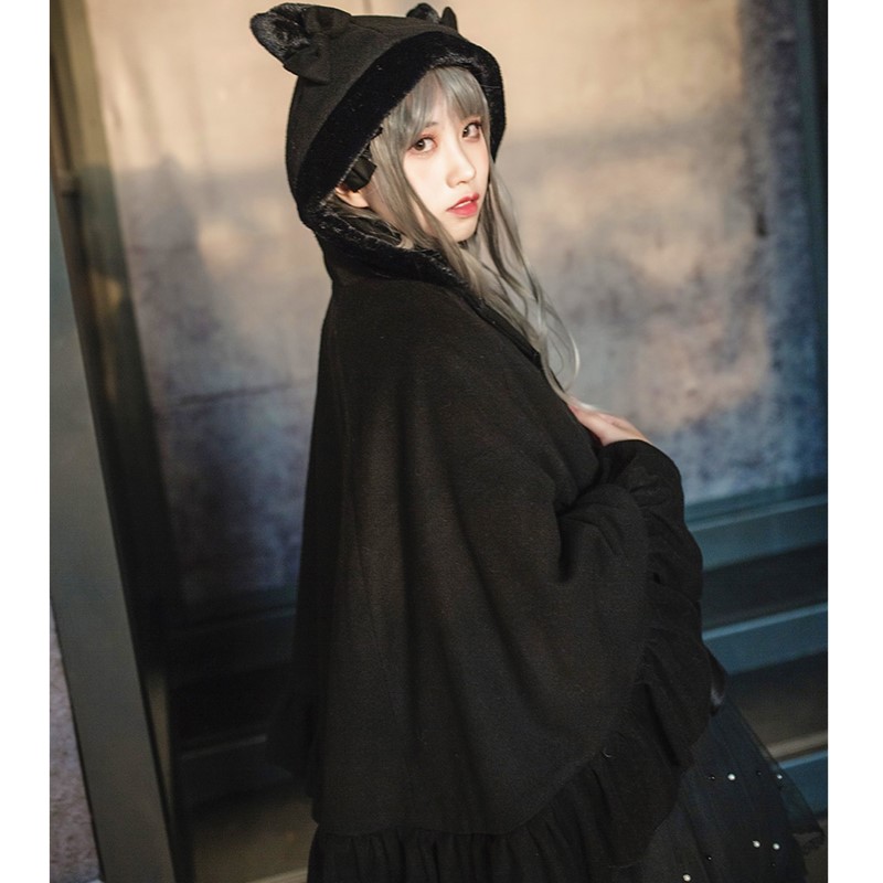 Lolita Women's Thick Warm Winter Cloak Rabbit/Cat Ear Hooded Poncho Coat Lovely Outwear with Ruffle Hem and Heart Shape Pockets Black White