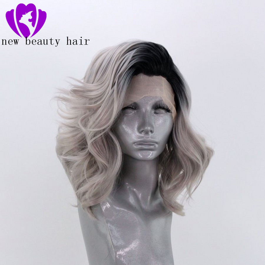 Lace Front Wig Short Body Wave Black to Grey Wig Tones Ombre Glueless Hair Synthetic Wigs for black women