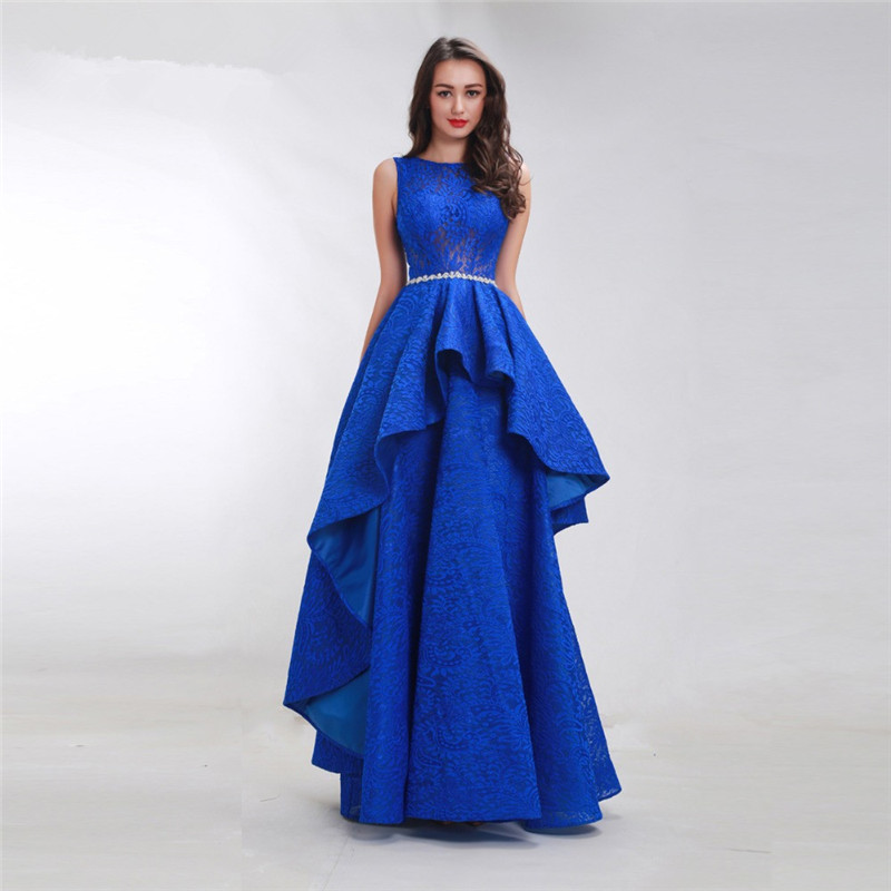 Elegant Royal Blue Lace A Line Prom Dresses Custom Tiered Evening Floor Length Hollow Back Party Gowns Robe De Mariée