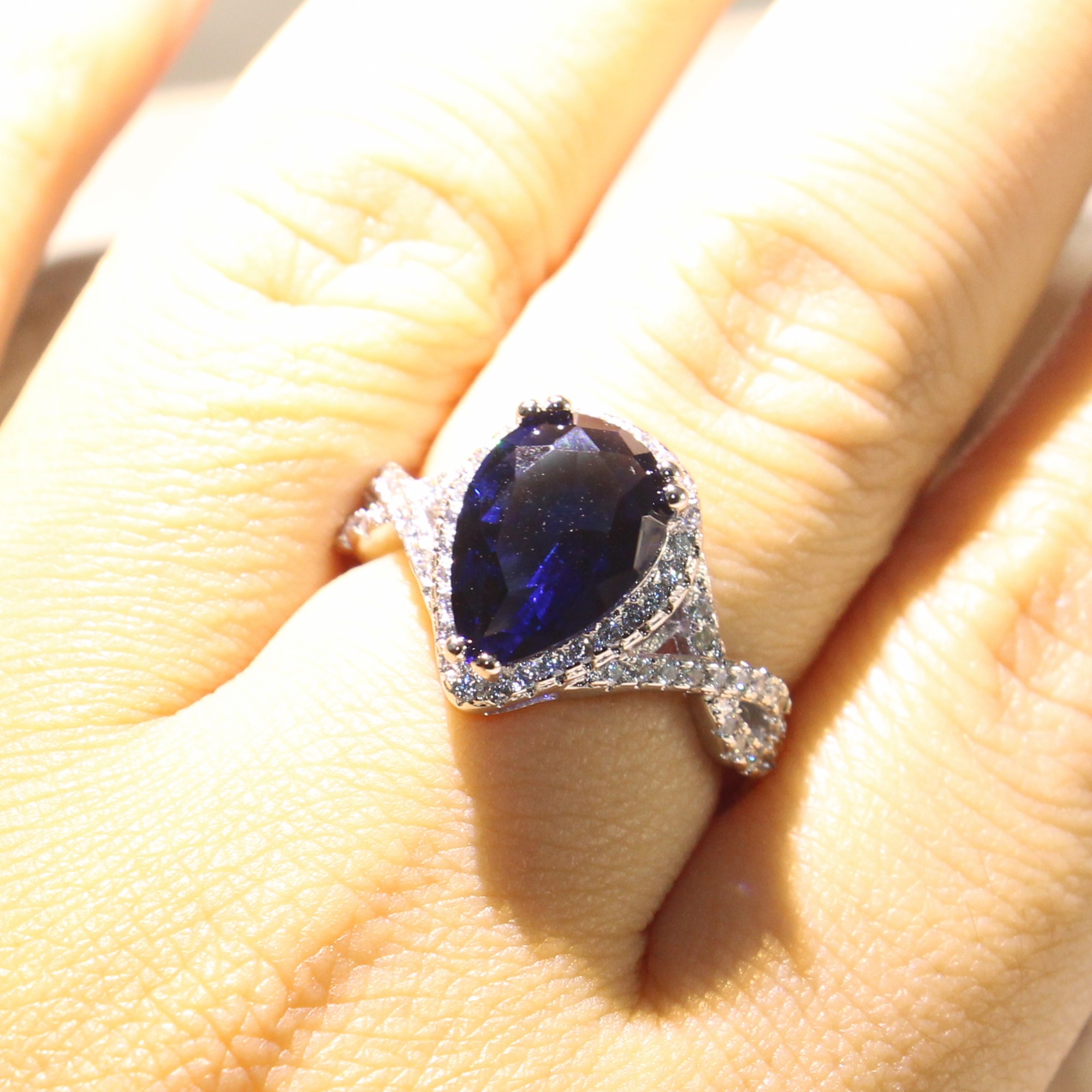 Size 5-10 Luxury Jewelry 925 Sterling Silver Pear Cut Blue Sapphire CZ Diamond Gemstones Party Promise Women Wedding Bridal Ring Gift