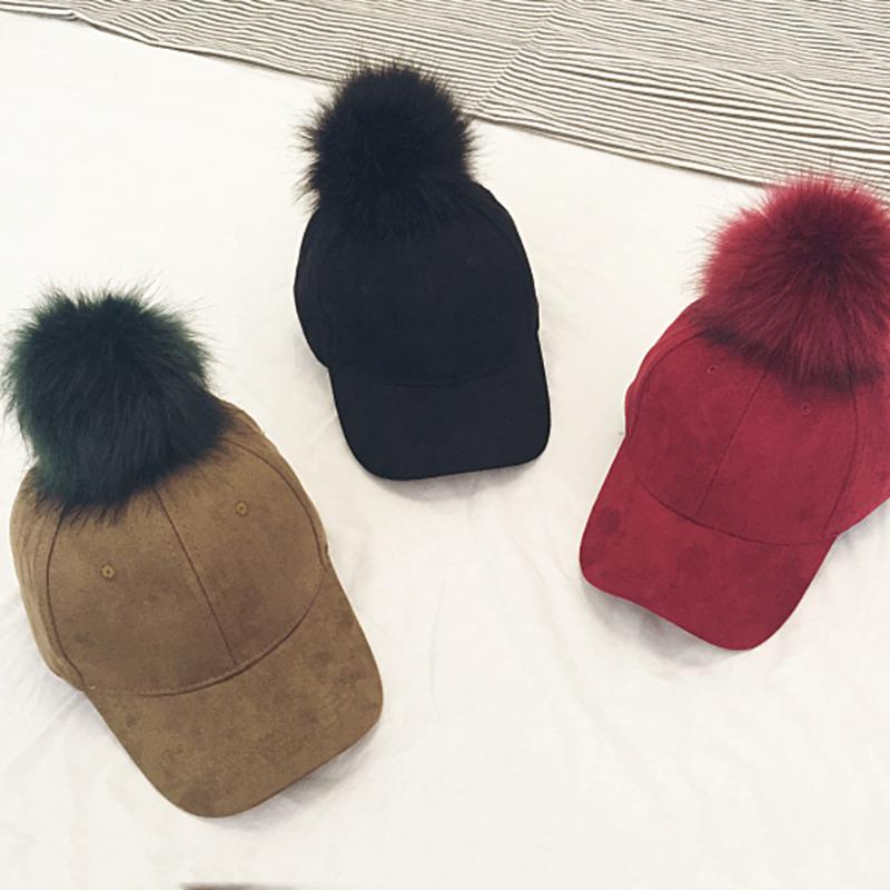 New Style Women Faux Fur Pompom Baseball Caps Light Tan Ball Suede Cap Hip-hop Hat Gorros