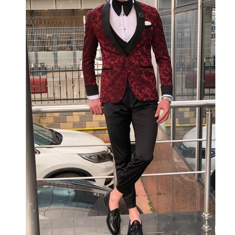 Latest Design One Button Wine Embossing Wedding Men Suits Shawl Lapel Three Pieces Business Groom Tuxedos (Jacket+Pants+Vest+Tie) W1120