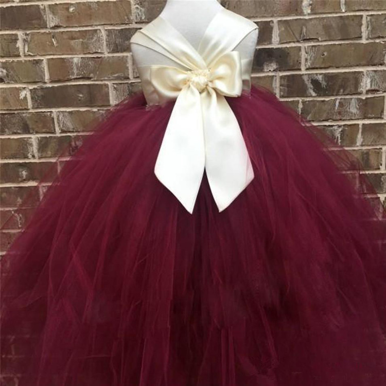 Burgundy Flower Girls Dresses Sleeveless Jewel Neck Girl Formal Party Birthday Pageant Gowns Hand Made Flower Princess Wedding Dresses