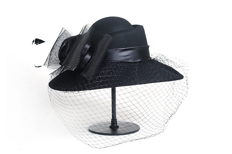 Women Wool Floral Veil Netting Feather Wide Brim Derby Hat Floppy Hat Fedoras Formal Occasion Dance Party Summer Beach Hat Y19052004