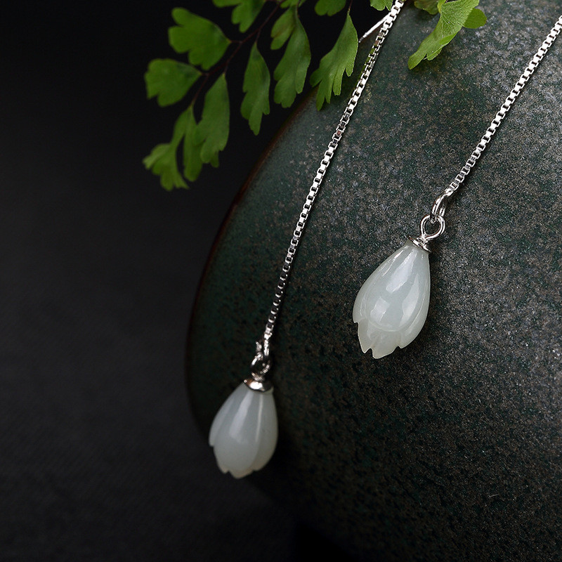 Authentic 925 Sterling Silver Drop Earrings For Women Girls Natural Handmade Long Chain Jade Flower Dangle Earring