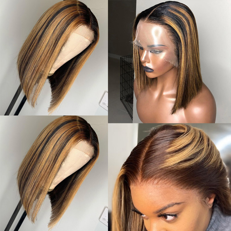 Highlights Straight Bob 4/27 T Lace Closure human hair wigs Brazilian 13x1 Omber Natural Black Color human hair lace front wigs Pre-Plucked