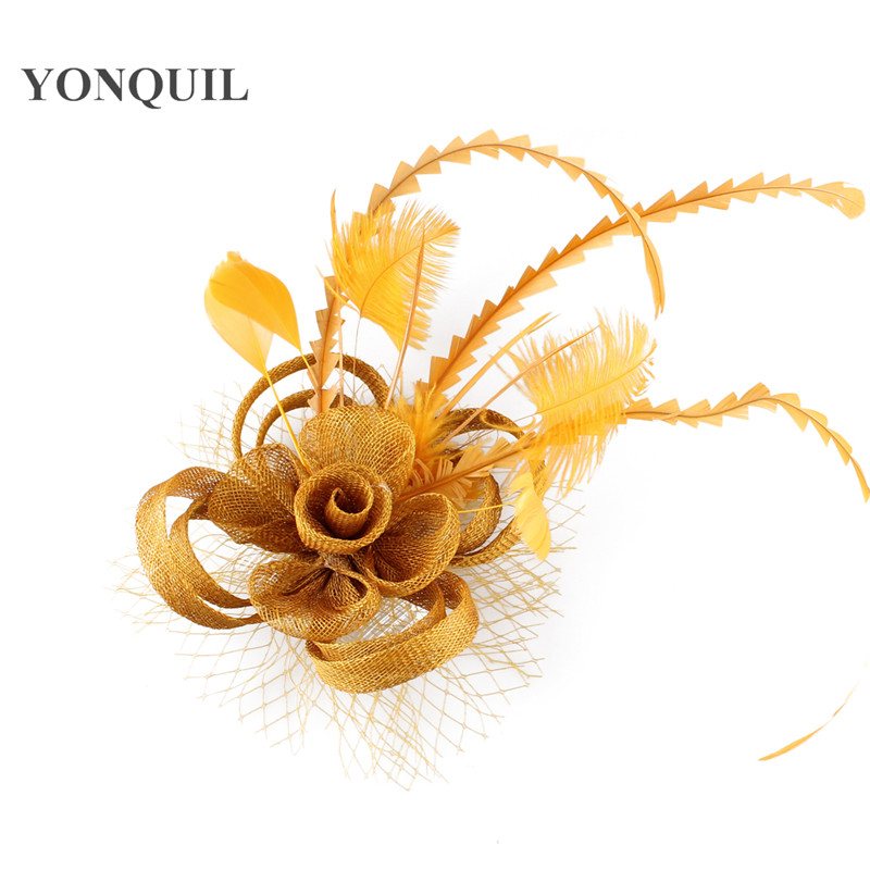 Vintage Gold sinamay base fascinator headwear occasion red bridal veils hair accessories feather millinery cocktail hat MYQ010