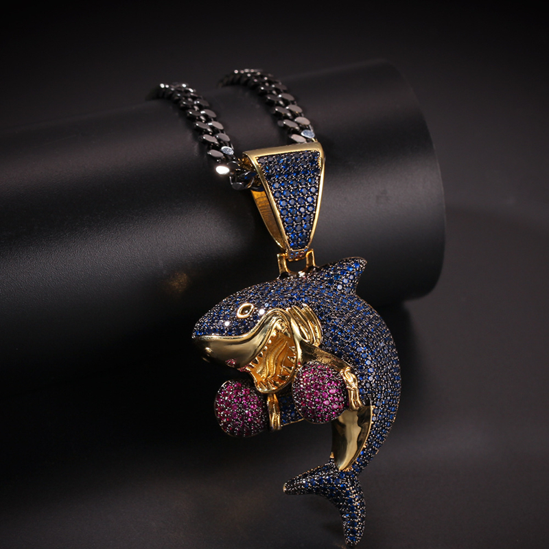 Hot Fashion Hip Hop Necklaces High Quality Yellow White Gold Plated CZ Boxing Shark Pendant Necklaces for Men Women Hot Gift