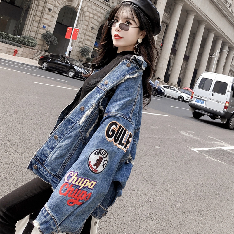 SexeMara fashion The New Loose Hole embroidery Patch Denim jacket Free shipping111