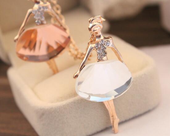 Fashion- Sweater Necklace Girls Boho Bijoux Gold Plated Crystal Ballet Girl Statement Necklaces Pendants For Women Wedding Christmas Gift