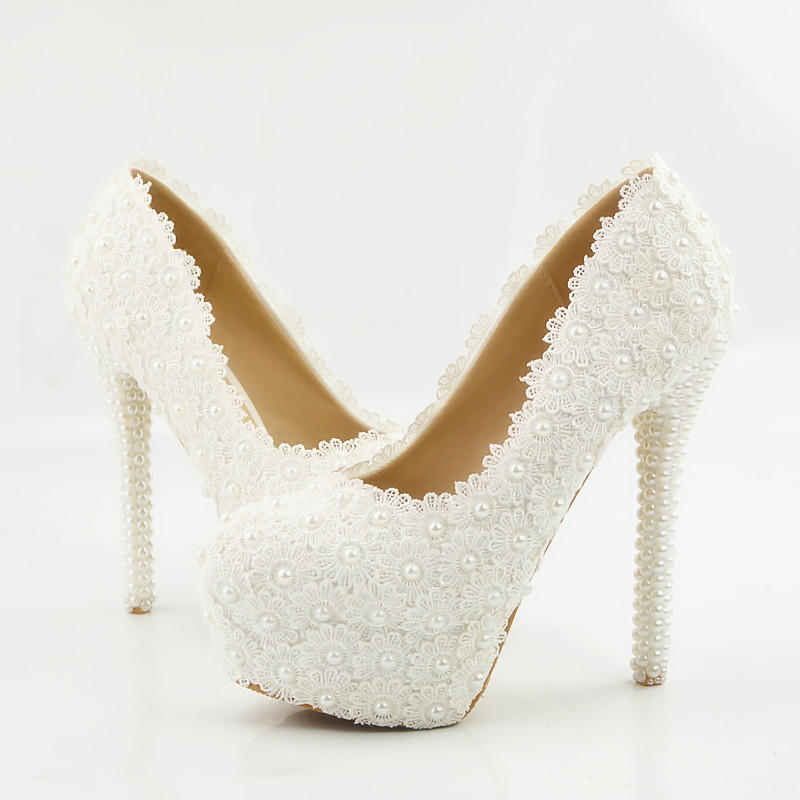 Lace Flower Wedding Shoes Pearls Pumps High Heels Bridal Shoes 14cm Bling Bling Prom Shoes for Lady