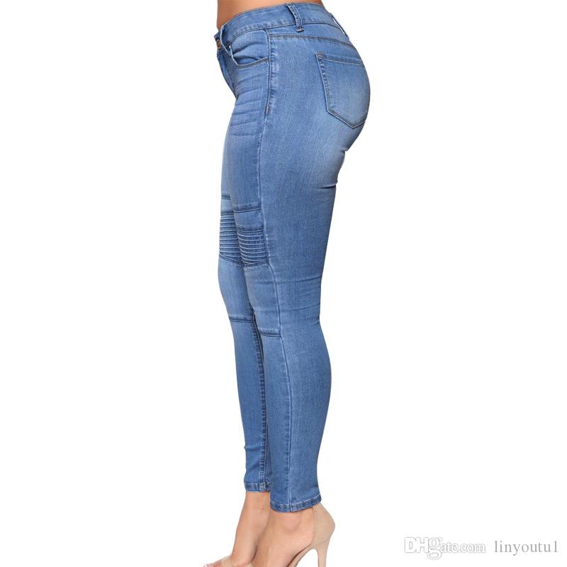 2020 Women`s Motorcycle Biker Zip Mid High Waist Stretch Denim Skinny Pants Motor Jeans For Women Pencil Pants 2019