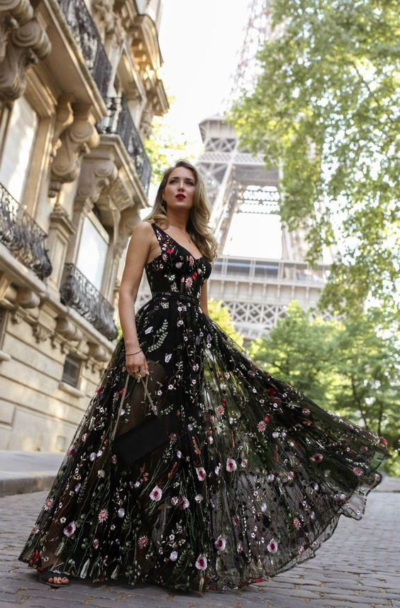 Sexy Deep V Sleeveless Embroidered Prom Dress Long Slit Backless Evening Dress Floral Embroidery Skirt Plus Size High Quality Floor Length & Open Back