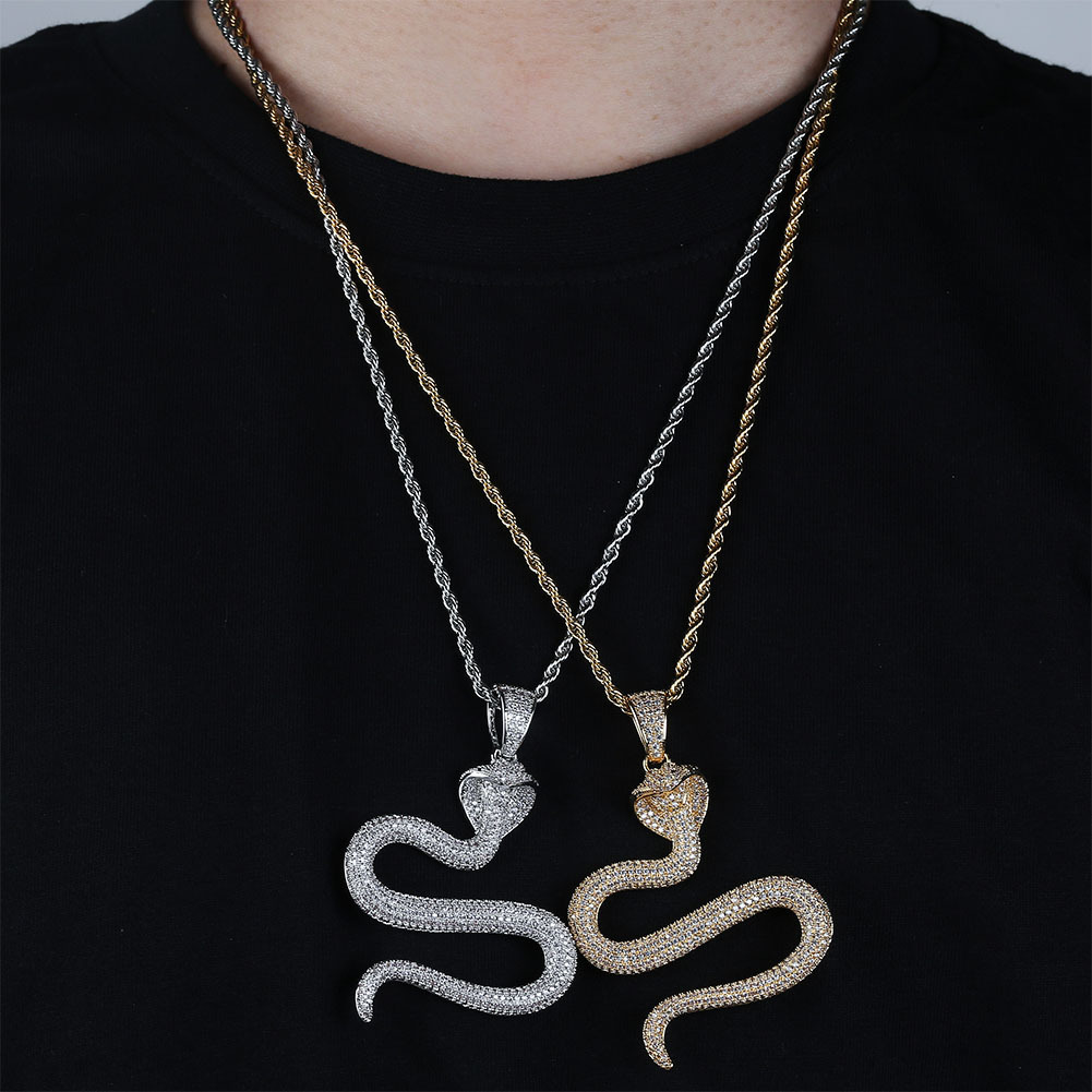 Cool Men Hip Hop Cobra Snake Pendant Necklace Platinum Plated Solid Full Zircon Mens Jewelry