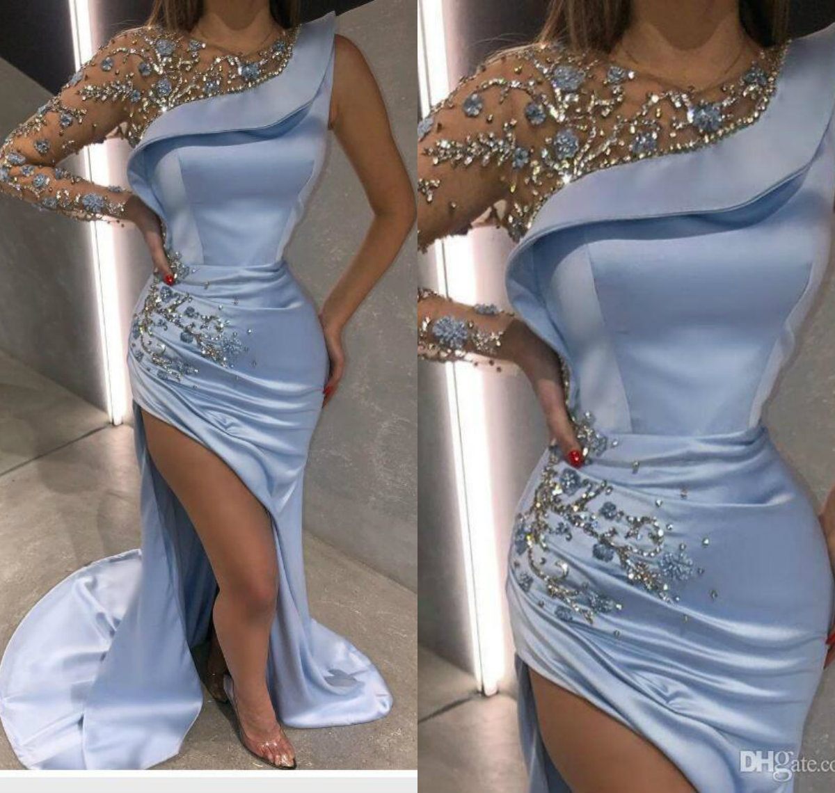 beading light sky blue mermaid prom dresses crystal long sleeve side split evening dresses formal gowns