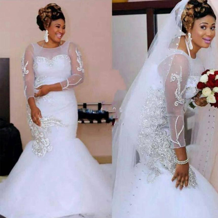 Sheer Neck Mermaid Wedding Dresses Plus Size Long Sleeve Beads Appliqued Bridal Gowns Illusion Tulle Wedding Dress